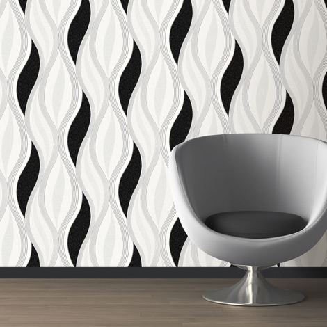 DWA068 Black Glitter Waves Silver White Quality Textured Vinyl Feature Wallpaper
