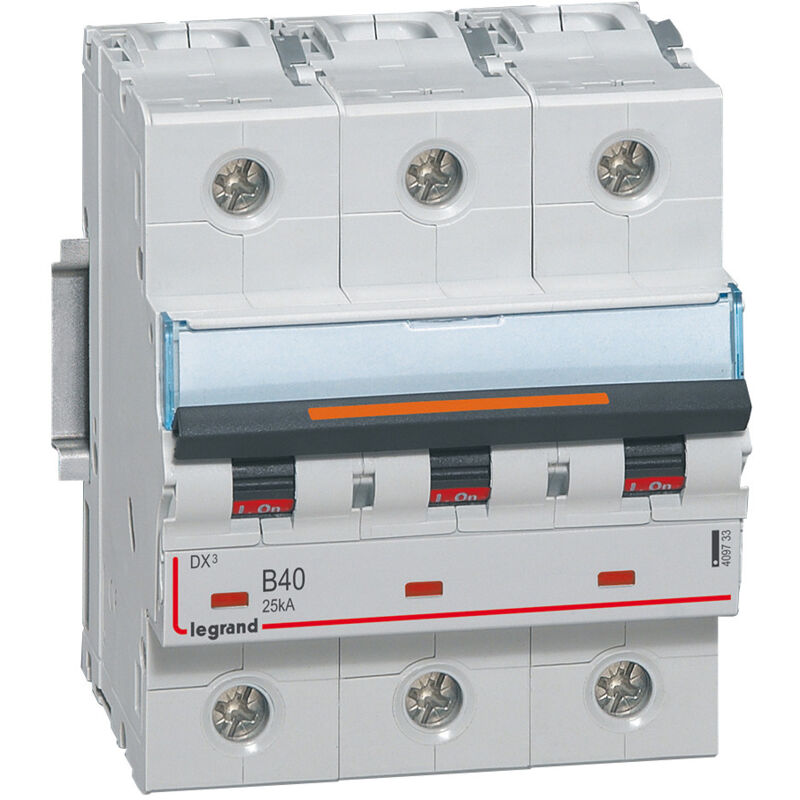 Disjoncteur DX³ 25kA arrivée haute et départ bas à vis 3 Pôles 400V 40A courbe b 4,5 modules Legrand 409733