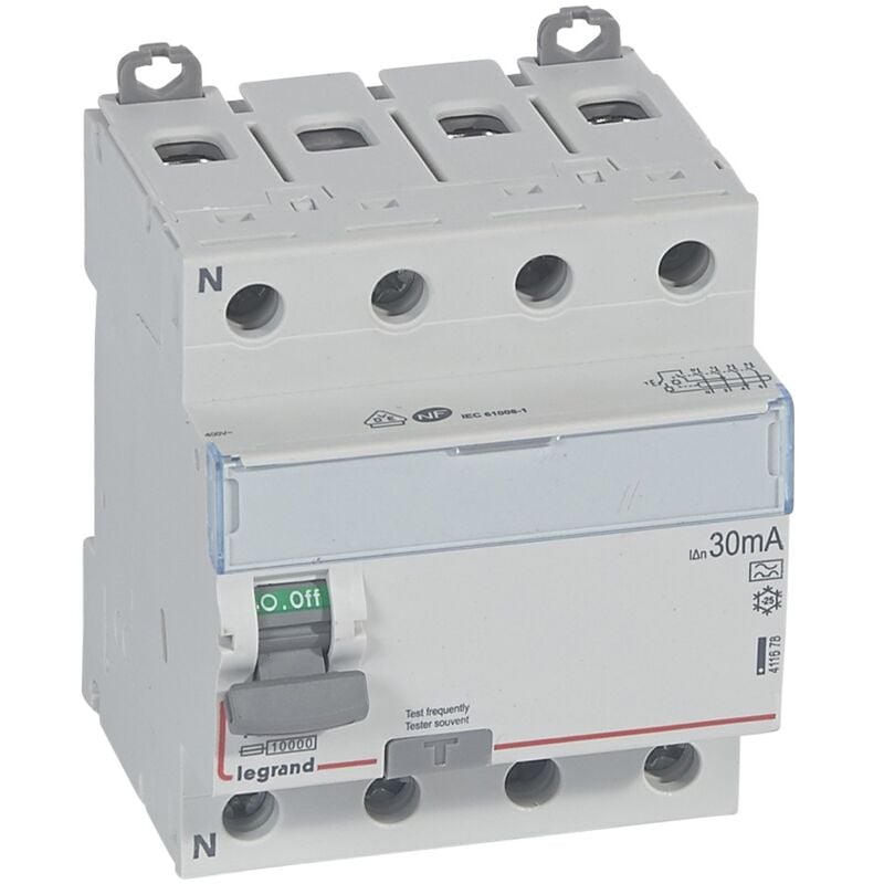 Interrupteur différentiel DX³-ID arrivée haute et départ bas à vis 4 Pôles 400V 100A type A 30mA 4 modules LEGRAND 411678