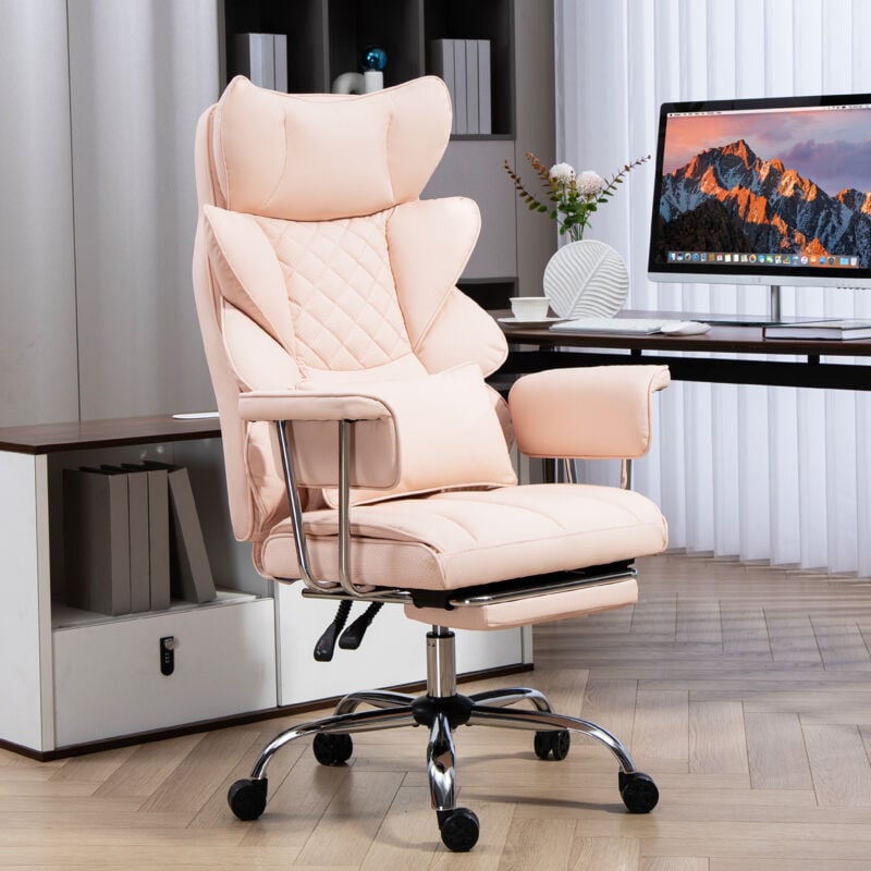 Chaise de bureau à hauteur réglable en 3D avec accoudoirs épais et larges, 500LBS, chaise d'ordinateur en pu, rose - Dyhome