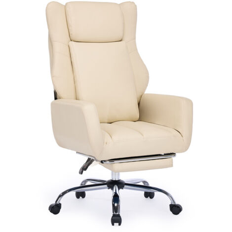 DYHOME fauteuil chaise bureau à pieds croisés avec, revêtement en cuir PU, accoudoirs et repose-pieds réversibles, beige