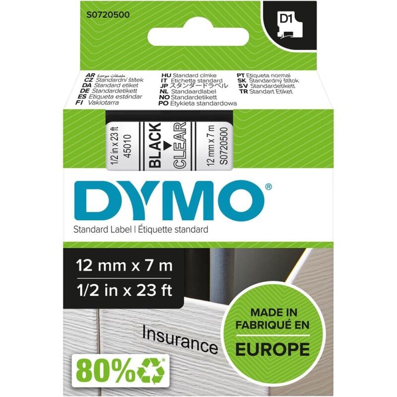 Dymo - Schriftband D1 45010 12mm x 7m schwarz auf transparent