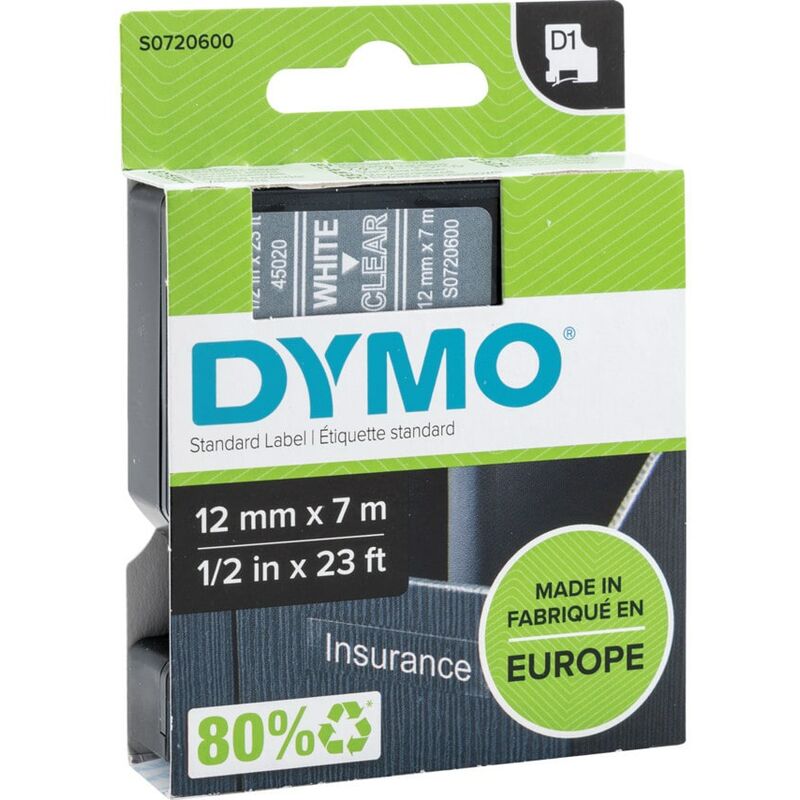 D1 Tape 12MM White on Clear 45020 - White on Clear - Dymo