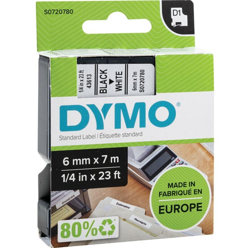 D1 Tape 6MM Black on White 43613 - Black on White - Dymo