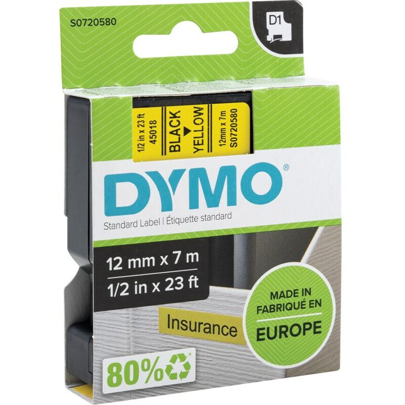 Dymo - D1 Tape 12MM Black on Yellow 45018