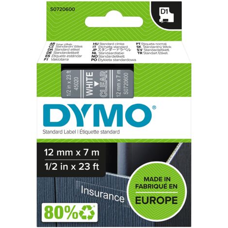 Dymo D1 Etichette Autoadesive per Stampanti LabelManager, Rotolo da 12 mm x 7 m, Stampa Bianco su Trasparente, 1 Pezzo S0720600