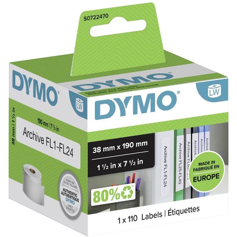 DYMO Rouleau d'étiquettes 99018 S0722470 38 x 190 mm papier blanc 110 pc(s) fixation permanente Etiquette pour classeur