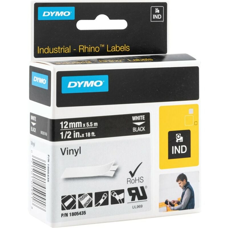 Dymo - Rhino 12MM White on Black Vinyl Tape 1805435