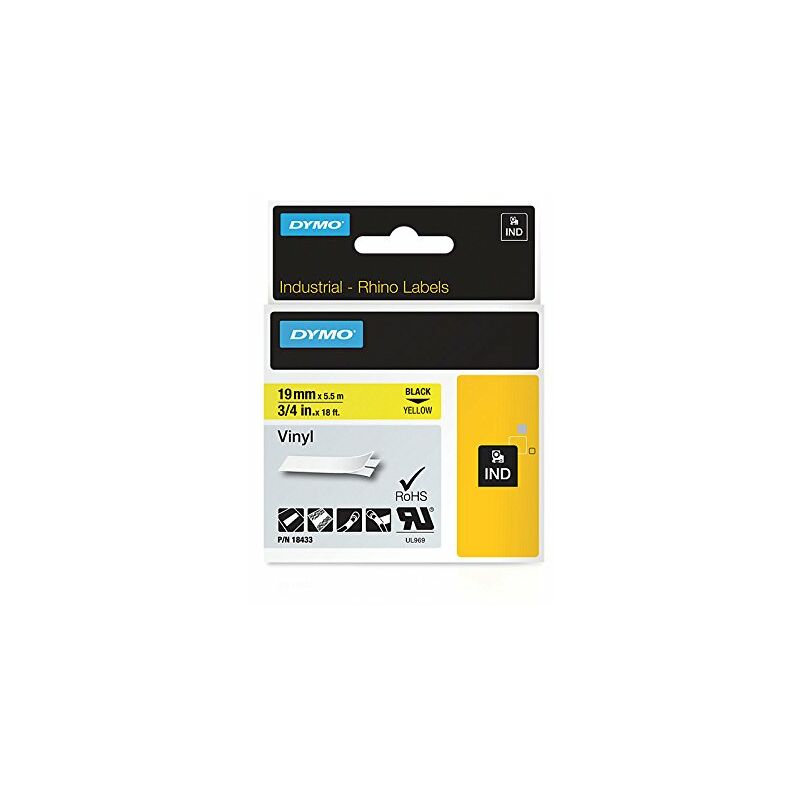 

Rhino Etiquetas autoadhesivas de vinilo industriales, rollo de 19 mm x 5,5 m, Negro sobre Amarillo, 18433 - Dymo