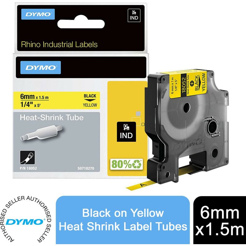 Rhino Heat Shrink Cable Label Tubes Industrial 6mm x 1.5m Black on Yellow - Dymo