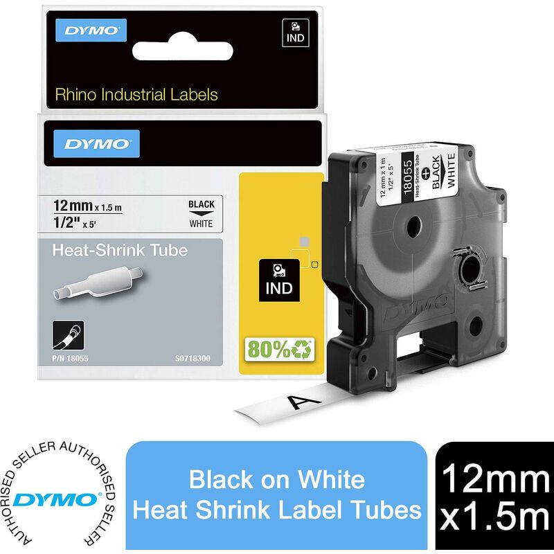 Rhino Heat Shrink Label Tubes Industrial 12mm x 1.5m Black on White - Dymo