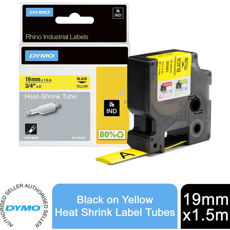 Rhino Heat Shrink Label Tubes Industrial 19mm x 1.5m Black Print on Yellow - Dymo