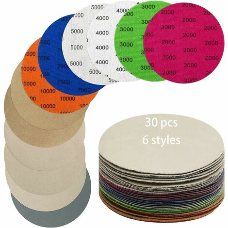E-E- 30 PièCes Papier De Verre，Disque De PonçAge 125 Mm Grain 2000/3000/4000/5000/7000/10000 Papier à Poncer Sec/Humide Utilisé Pour Polir MéTal Bois Voiture Polissage Poncer DéRouiller