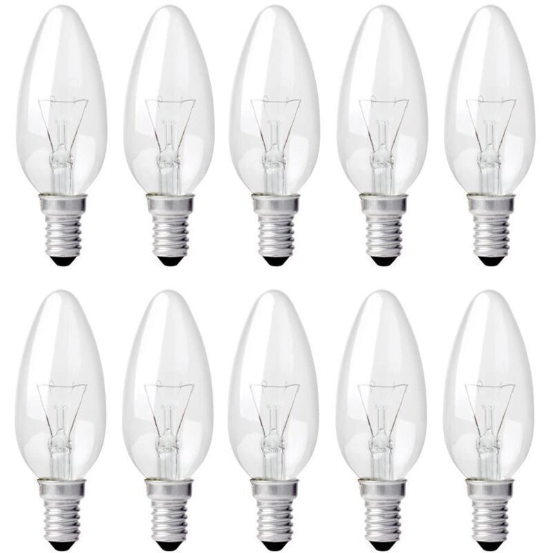 E14 40W Clear Candle Bulb, Dimmable Incandescent Lamp, Warm White 2700K, 400lm, Flame Bulb, E14 Edison Screw Candle Bulbs, 10 Pack
