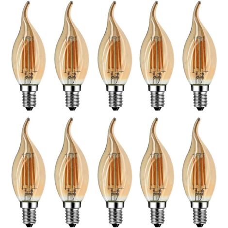 E14 LED Flame Bulb, 4W Equivalent to 40W Halogen/Incandescent Bulb, Warm White 2700K, Recessed LED Candle Flame, 360° Beam, CRI80, Brown Glass, Pack of 10 [Energy Class A++]