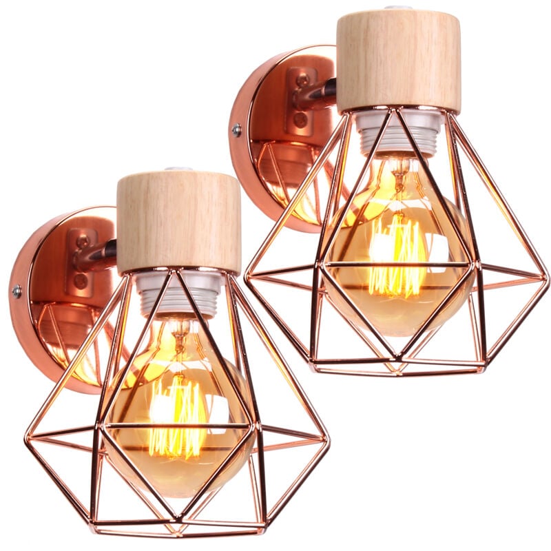 Applique Murale Fer Forgé Bois E27 Éclairage Lampe Murale Diamant Décoration Intérieure Chambre Salon Or Rose - 2 pcs