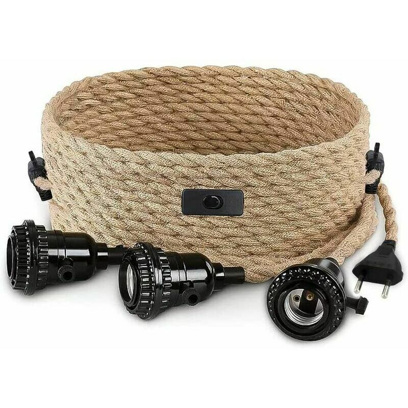 E27 Chanvre Corde Vintage Suspendu Pendentif Lumière 3-tête, 8,8 mètres 3 douilles de lampe avec interrupteur, Industriel Rétro Restaurant Bar Café