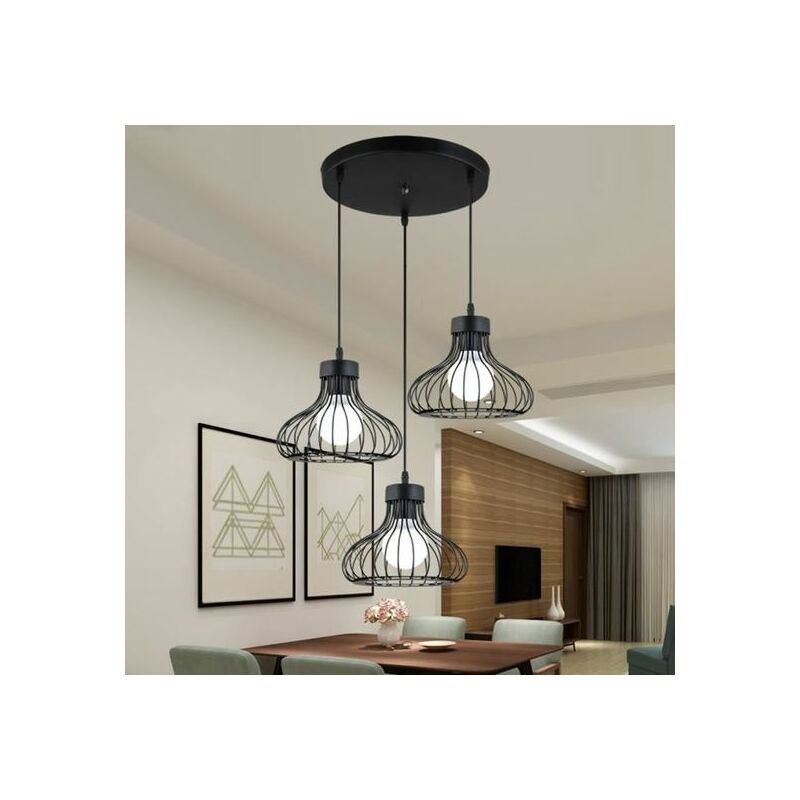 E27 Disque 3 Lampes Lustre  Suspension Industrielle Cage 