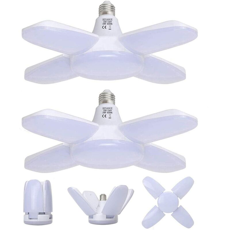 Tumalagia - E27 Garage Light 28W Cool White Deformable Workshop Light with 4 Adjustable Panels led Ceiling Lighting for Garage Warehouse Gym (2 Pack)