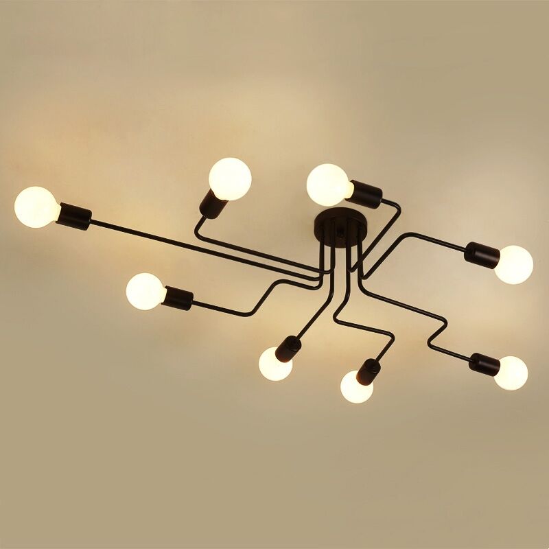 E27 Industrial Retro Ceiling Light Metal Creative Flush Ceiling Lamp Bedroom Living Room DIY 8 Lights, Black - Black