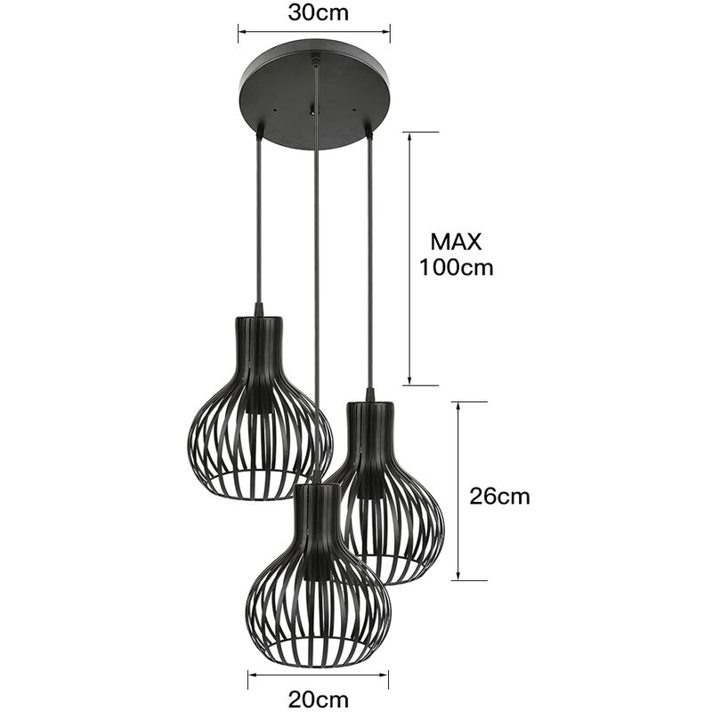 

E27 Industrial Suspension Lustre Retro Lámpara de techo 3 Lámpara Metal Retro Suspensiones antiguas Luminaria Negro