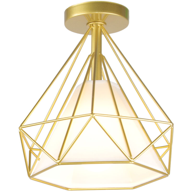 Wottes - E27 Industrial Vintage Metal Iron Cage Diamond Ceiling Light, Creative Individuality Flush Ceiling Light Kitchen Ø26cm Gold - Golden
