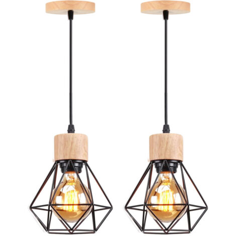 E27 Lampes Suspension Industrielle Vintage Lustre Suspension en Métal Cage et Bois Ø15,5CM Noir - 2Pcs
