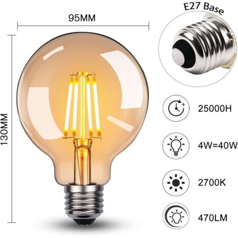 E27 LED-Lampe, Vintage E27 4W G95 LED-Lampe, Warmweiß 2700K, 360lm, Edison-Stil, Dekorative Retro-Antik-Vintage-Lampe, Entspricht einer 40W Glühbirne, Nicht dimmbar, 4er-Pack