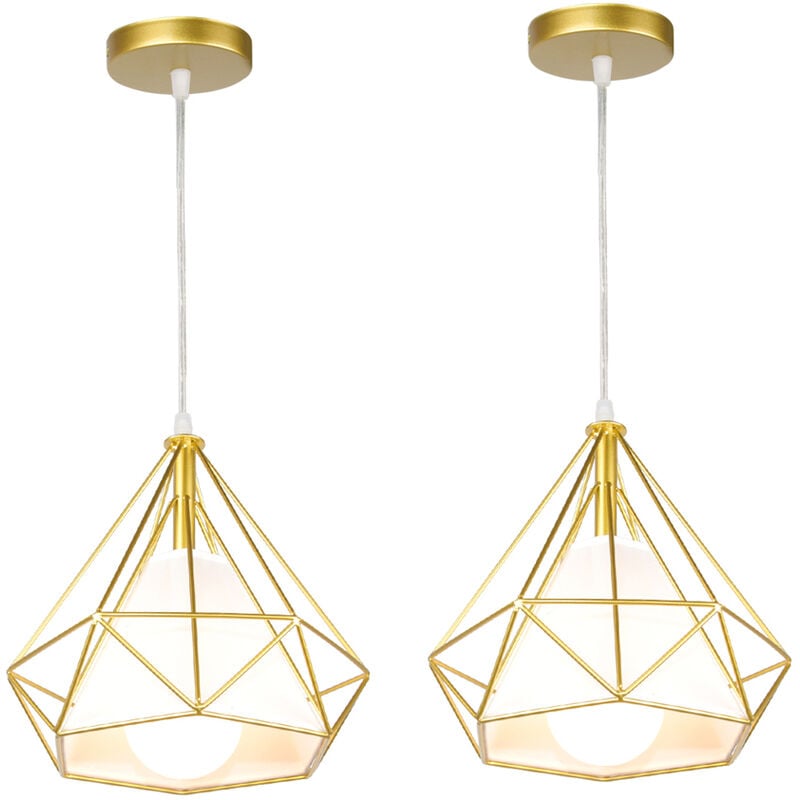 Lustre Suspension Vintage Rétro Industrielle Plafonnier Luminaire Cage Diamant en Métal E27 40W Doré 2PCS
