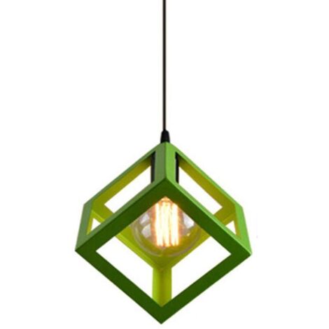 E27 Lustre Suspension industrielle Contemporain forme Cube Carré, Lampe de Plafond en Métal Fer Abat-Jour Luminaire, Vert