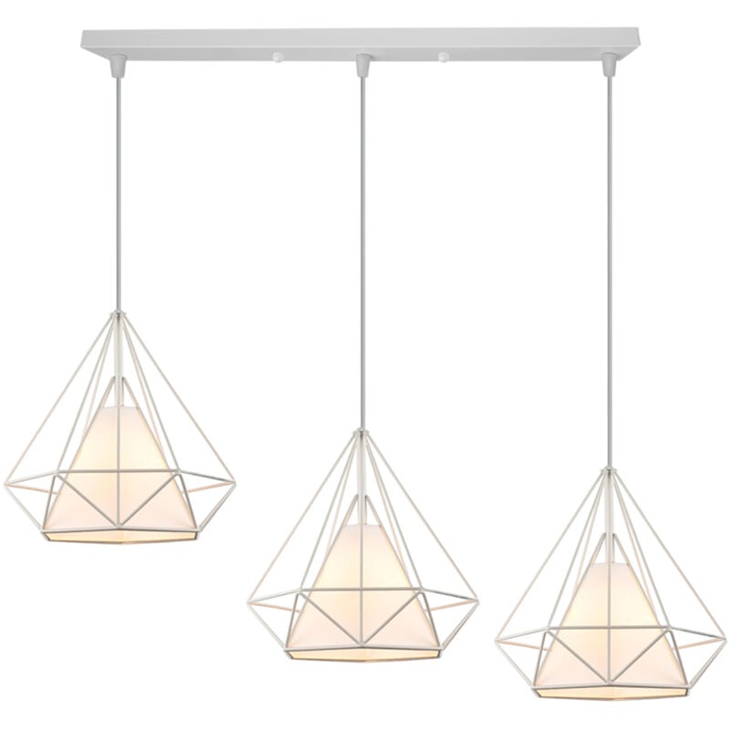 Lustre Suspension Moderne E27 Suspension Luminaire Métal et Tissu Éclairage de Plafond Forme Diamant - Blanc