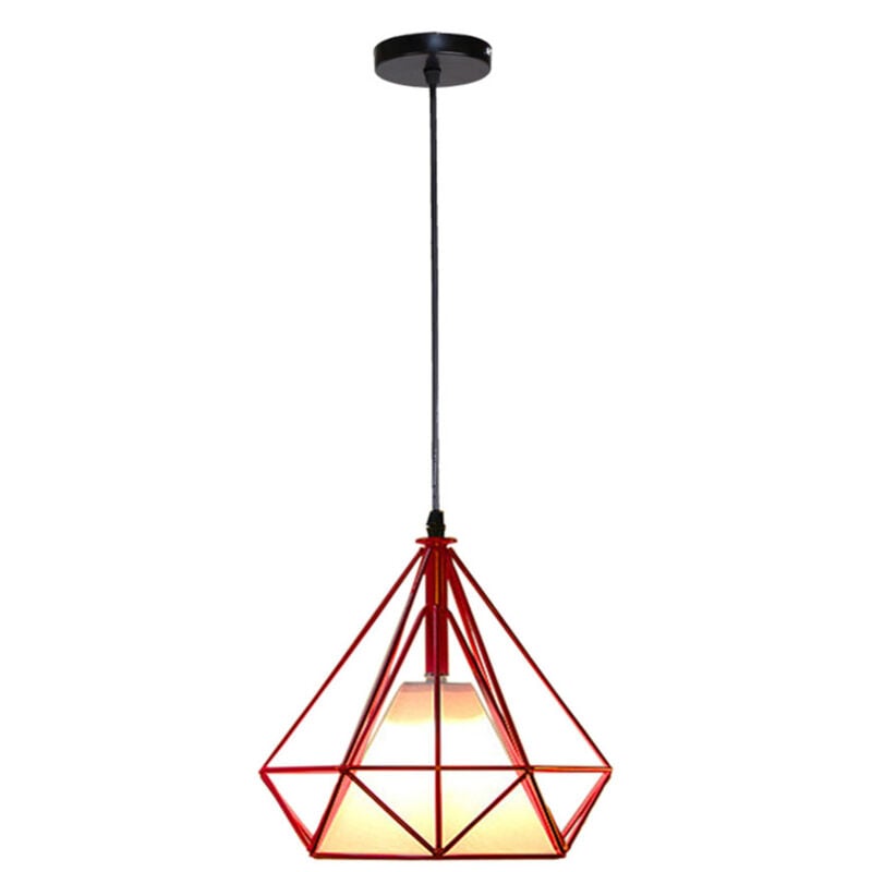 Wottes - E27 Lustre Suspension Vintage Lampe Suspension Abat-jour Forme Diamant Éclairage de Plafond en Métal et Tissu Ø25CM Rouge - 1Pcs