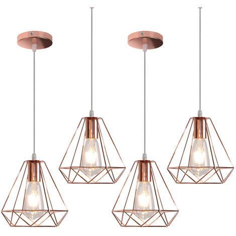E27 Métal Suspension Luminaire Lampe Industrielle Vintage Plafonnier Luminaire Cage Diamant Pendant Eclairage Doré Rose 4PCS