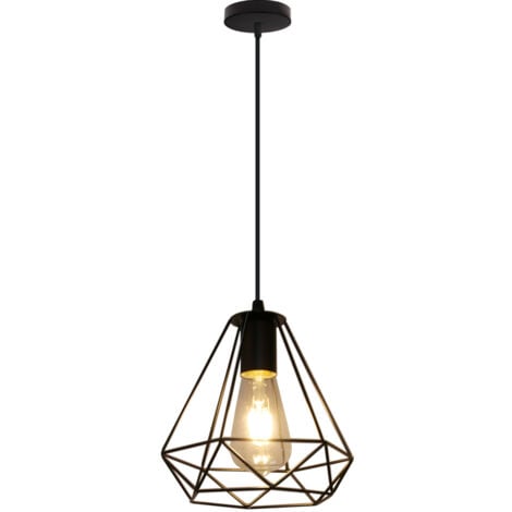AXHUP E27 Métal Suspension Luminaire Lampe Industrielle Vintage Plafonnier Luminaire Cage Diamant Pendant Eclairage Noir 1PCS