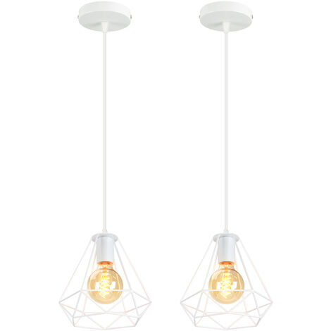 E27 Metallo Lampada a Sospensione Industriale Vintage Lampadario Gabbia Diamante Lampada per Soggiorno Cucina Bianca 2 Pezzi