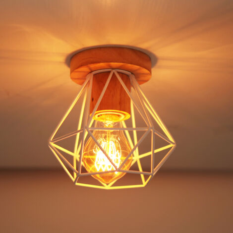 E27 Plafonnier Industriel Rétro Industrielle Luminaire Plafonnier Abat-jour Cage Blanc Lampe de Plafond Métal Bois Ø15,5CM - 1Pcs