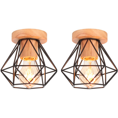 E27 Plafonnier Industriel Rétro Industrielle Luminaire Plafonnier Abat-jour Cage Noir Lampe de Plafond Métal Bois Ø15,5CM - 2Pcs