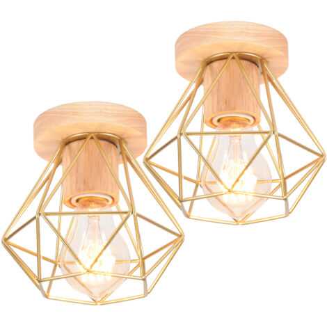 E27 Plafonnier Industriel Rétro Industrielle Luminaire Plafonnier Abat-jour Cage Or Lampe de Plafond Métal Bois Ø15,5CM - 2Pcs