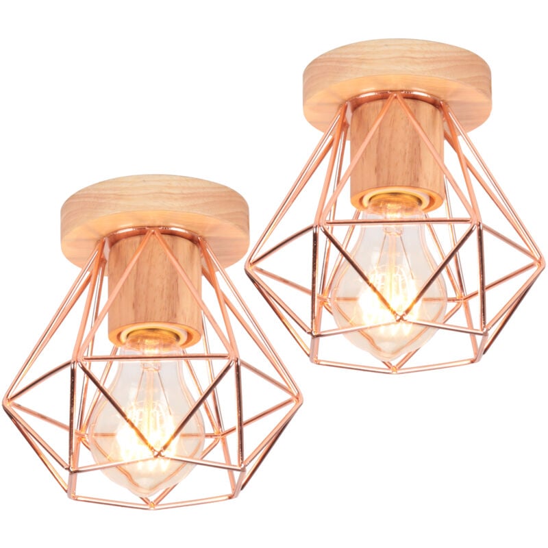 E27 Plafonnier Industriel Rétro Industrielle Luminaire Plafonnier Abat-jour Cage Rose Lampe de Plafond Métal Bois Ø15,5CM - 2Pcs