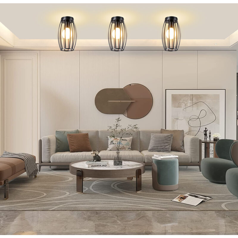 E27 Plafonnier Industrielle Moderne Lampe de Plafond Créatif Luminaire Plafonnier Métal Tambour Noir Ø15CM - 3Pcs