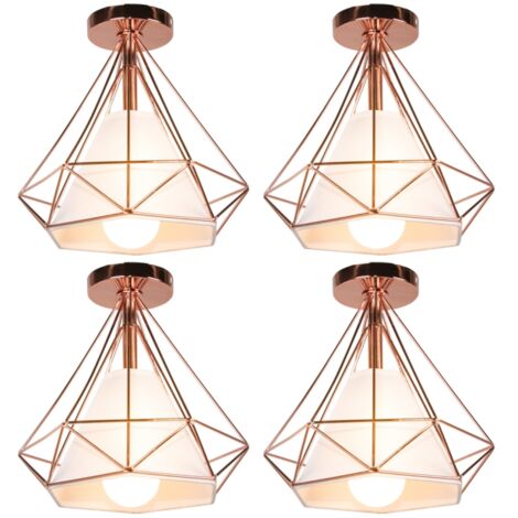 E27 Plafonnier Moderne Lampe de Plafond Abat-jour Diamant en Métal Tissu Suspension Luminaire Créatif Ø25CM Rose Doré - 4Pcs