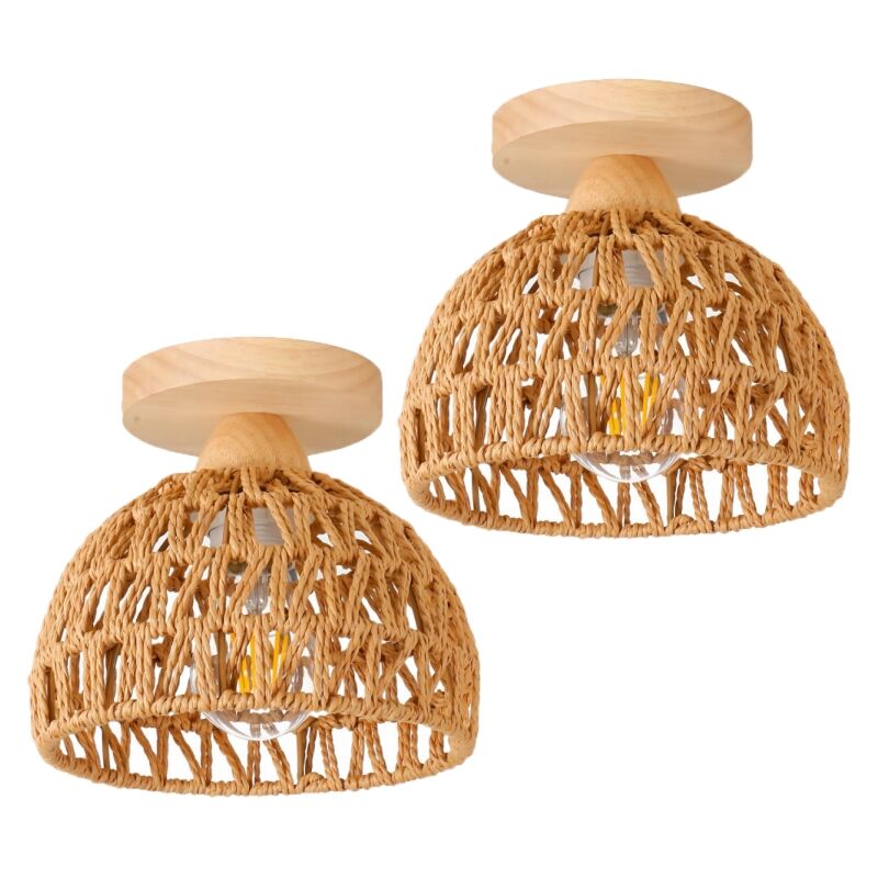 Wottes - E27 Plafonnier Vintage Lampe de Plafond Bois Corde de Chanvre Suspension Luminaire Intérieur Couleur Lin Ø20CM - 2Pcs