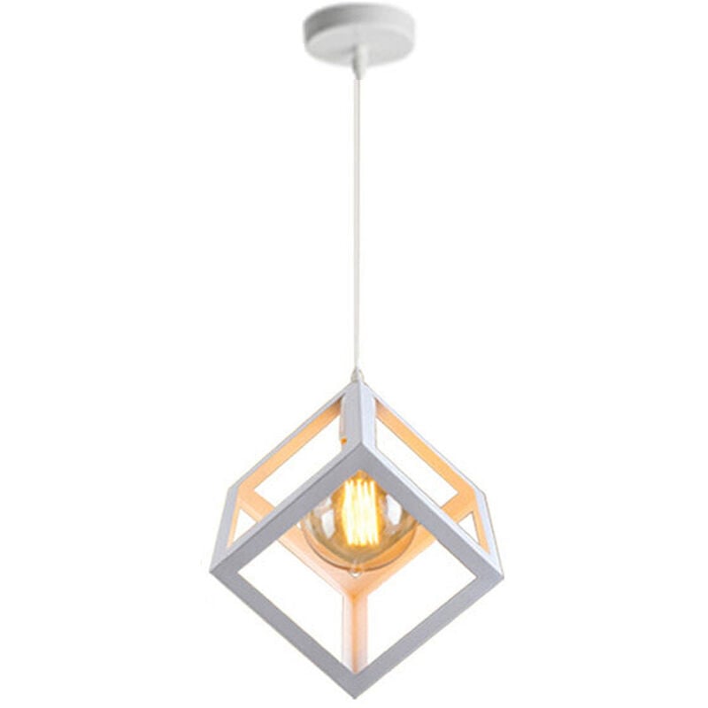 E27 Square Pendant Light, Metal Ceiling Light, Iron Cube Shade, Adjustable Rope Light Fixture for Living Room, Dining Room (White)