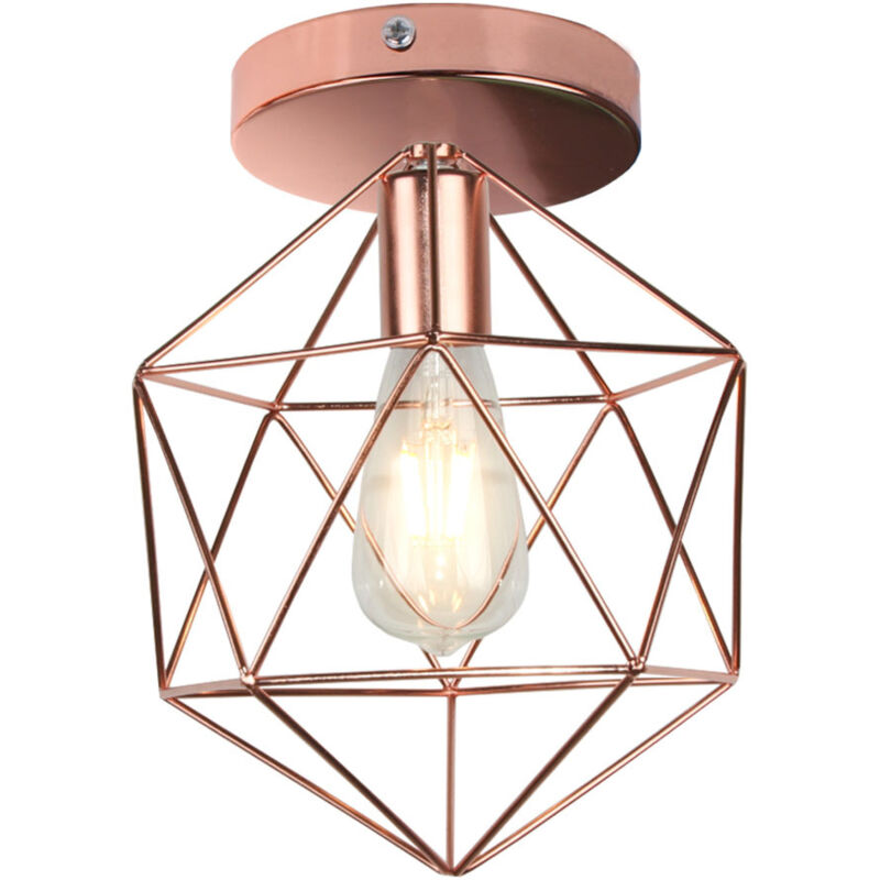 Plafonnier Industrielle Cage forme Diamant en Métal 25CM , Moderne Eclairage de Plafond Abat-Jour pour Couloir Chambre Cuisine Salon Chambre, Or rose