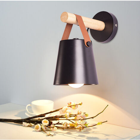 WOTTES E27 Wall Light Wooden Metal Leather Wall Lamp Shade Black Wall Sconce for Kitchen Island Bar Cafe