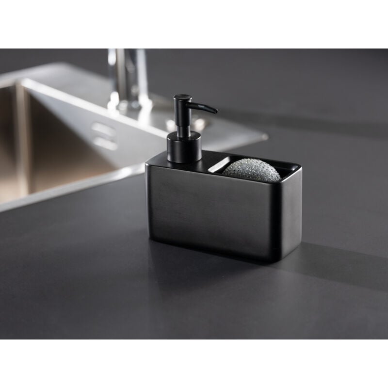 Distributeur de savon Wenko noir avec 2 éponges nettoyage pour cuisine extérieure - distributeur de liquide vaisselle 150 ml accessoire camping