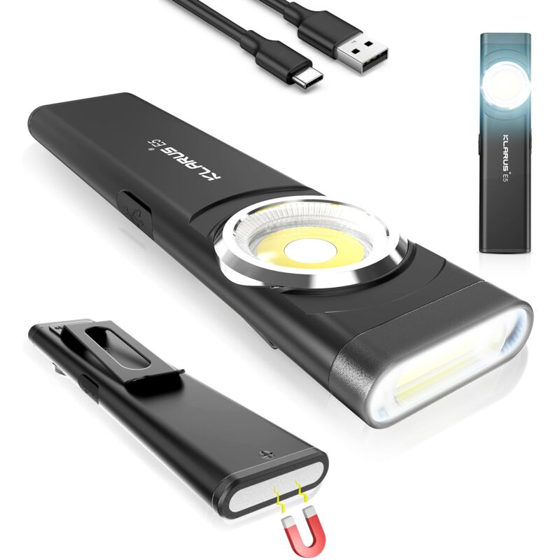 E5 Mini Flat EDC Lampe de poche Rechargeable USB C,470 Lumens Cob Lampe de travail avec base magnétique et clip de boucle. Convient pour l'entretien,
