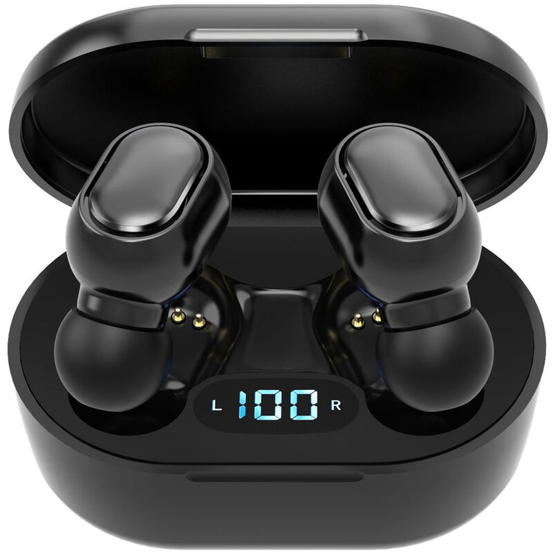 

E7S BT5.0 Auriculares inalambricos Emparejamiento automatico Sonido de alta fidelidad IPX7 Impermeable 300mAh Caja de carga Pantalla de energia, Negro