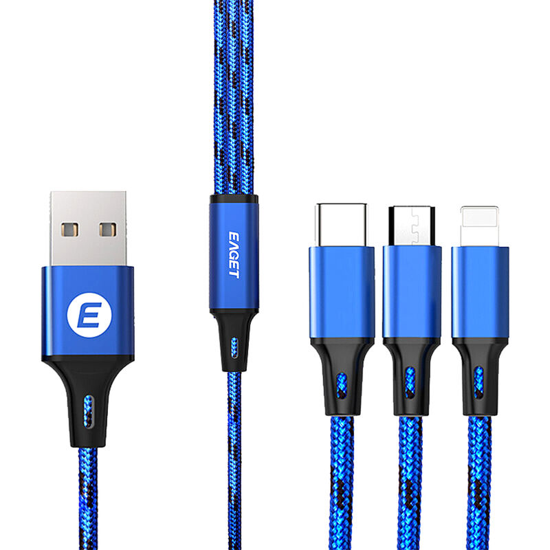 

3 en 1 Cable de carga rapida Reemplazo de cable micro USB / tipo C duradero para iPhone Xiaomi Huawei Samsung Azul, Azul - Eaget