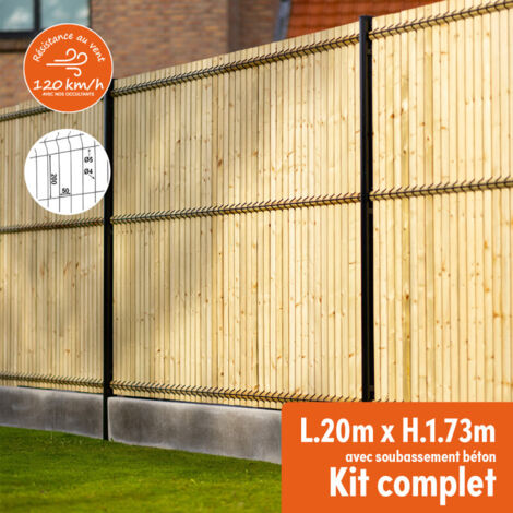 Easycloture – Kit complet grillage rigide occultant lattes bois – Longueur 20m – Hauteur 1m80 – Acier galvanisé thermolaqué – Résistance au vent 120 km/h